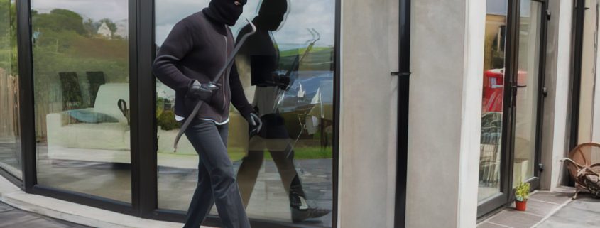 Burglar with wrecking bar preparing to enter a property through a glass door or window