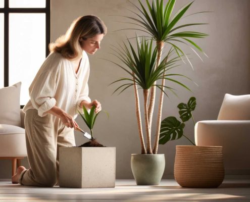 woman tending her indoor plants